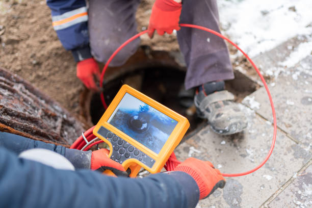 plumbers checking sewer manhole with borescope inspection camera plumbers checking sewer manhole with borescope inspection camera